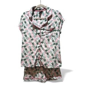 Cynthia Rowley Pineapple Floral Pajama Set Size L Pink Green Short Sleeve